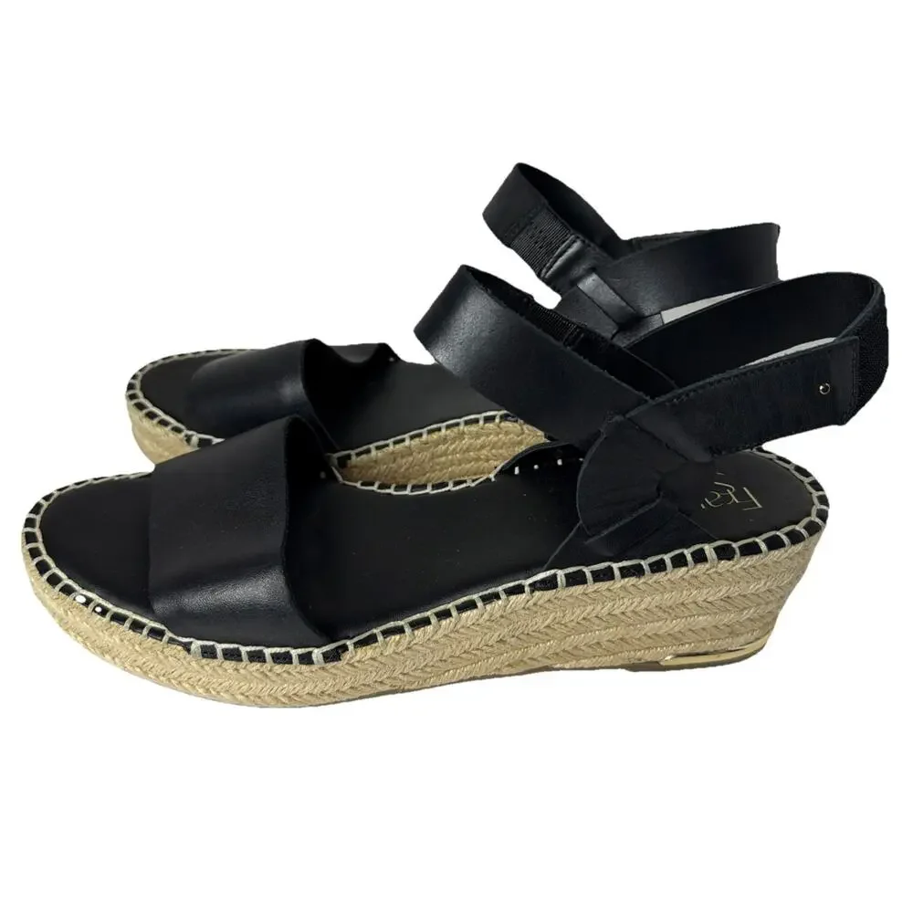 Franco Sarto Patra Black Leather Wedge Espadrille Sandal Sz. 9.5M